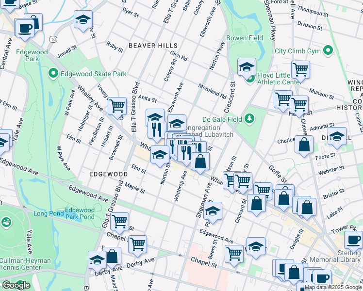 map of restaurants, bars, coffee shops, grocery stores, and more near 287 Norton Street in New Haven