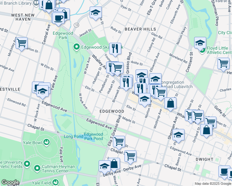 map of restaurants, bars, coffee shops, grocery stores, and more near 112 Brownell Street in New Haven