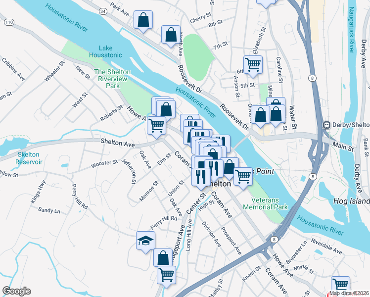 map of restaurants, bars, coffee shops, grocery stores, and more near 47 1/2 Perry Avenue in Shelton