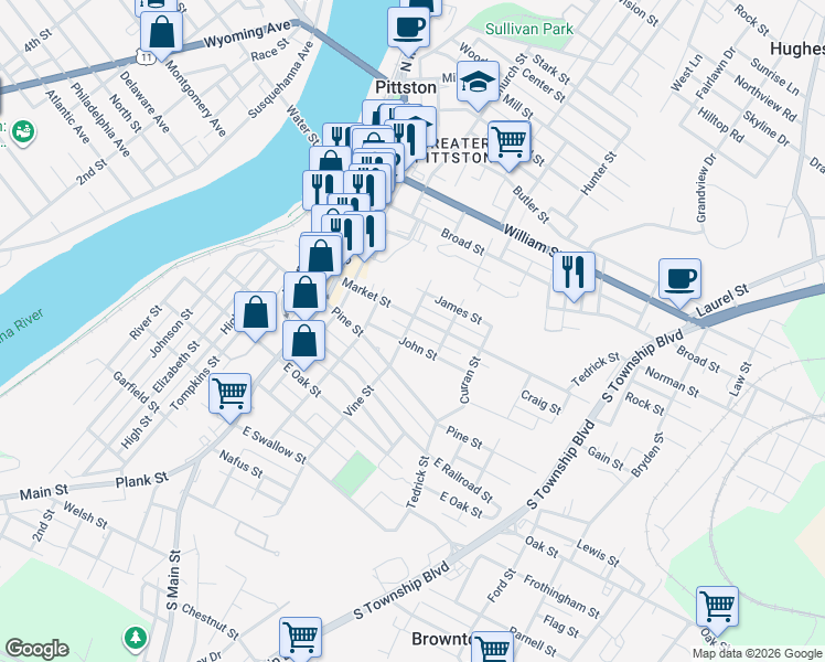 map of restaurants, bars, coffee shops, grocery stores, and more near 81 Market Street in Pittston