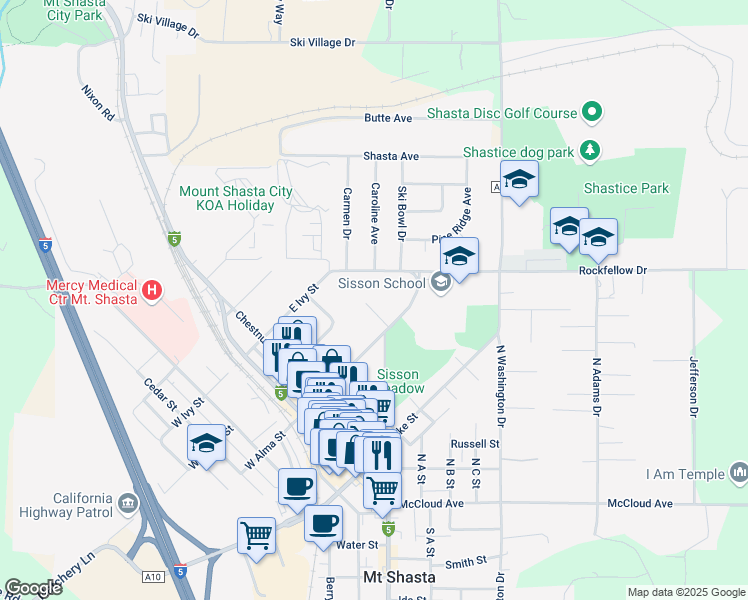 map of restaurants, bars, coffee shops, grocery stores, and more near 522 Spruce Street in Mount Shasta