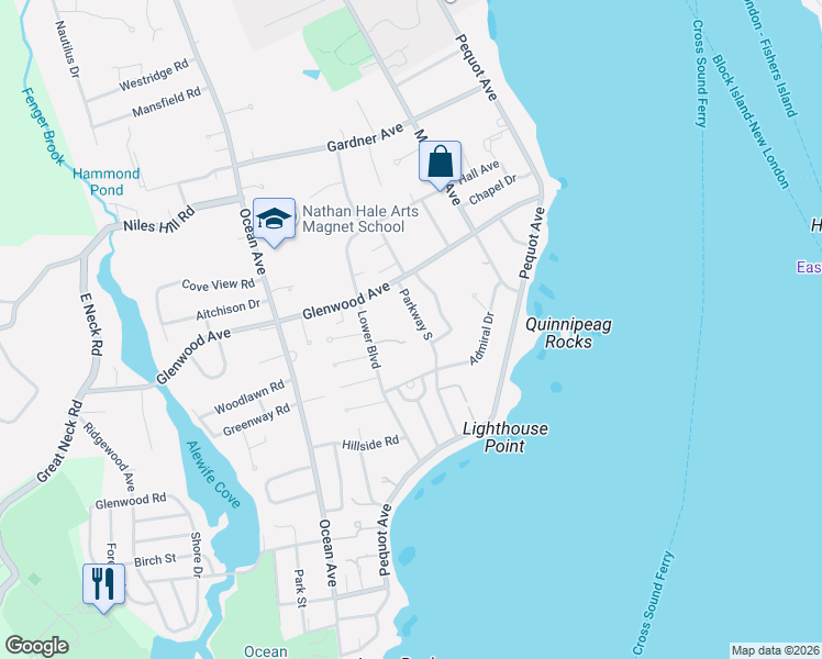 map of restaurants, bars, coffee shops, grocery stores, and more near 112 Parkway North in New London