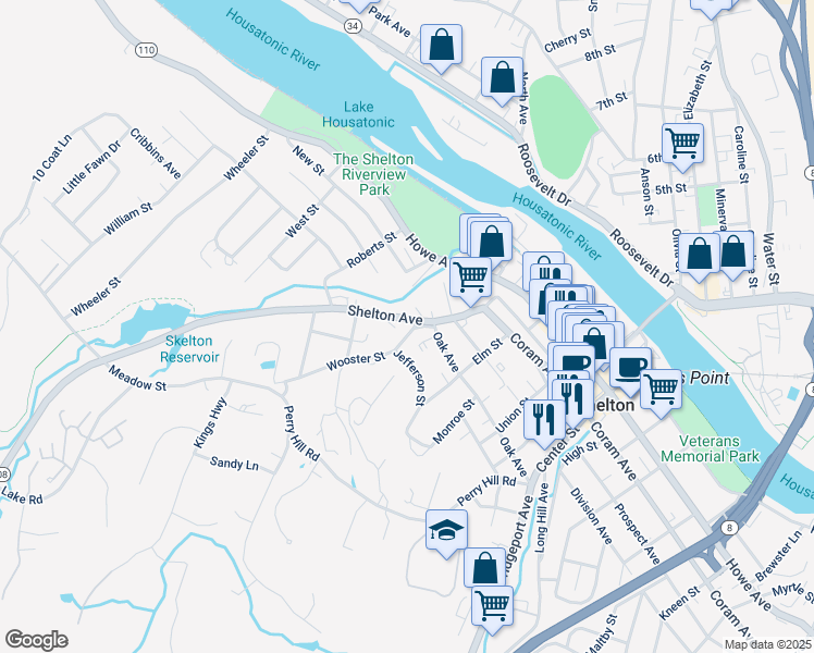 map of restaurants, bars, coffee shops, grocery stores, and more near 101 Wooster Street in Shelton