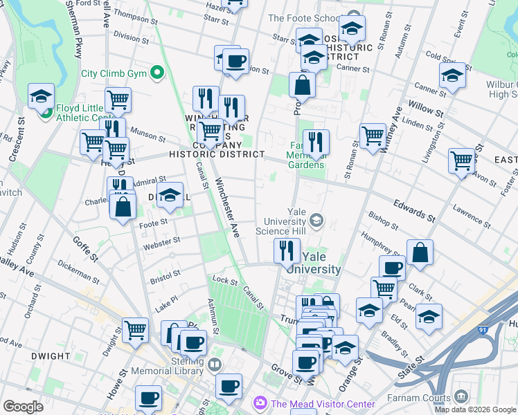 map of restaurants, bars, coffee shops, grocery stores, and more near 133 Mansfield Street in New Haven