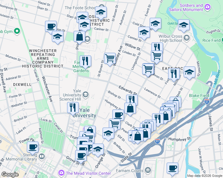 map of restaurants, bars, coffee shops, grocery stores, and more near 315 Whitney Avenue in New Haven
