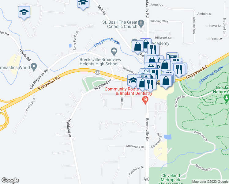 map of restaurants, bars, coffee shops, grocery stores, and more near 6919 Chaffee Court in Brecksville
