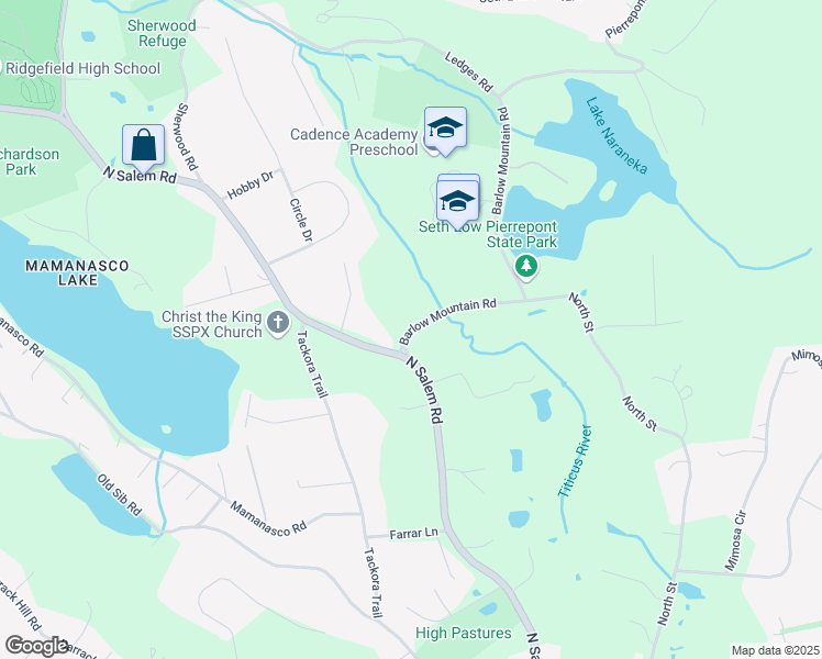 map of restaurants, bars, coffee shops, grocery stores, and more near 11 Barlow Mountain Road in Ridgefield