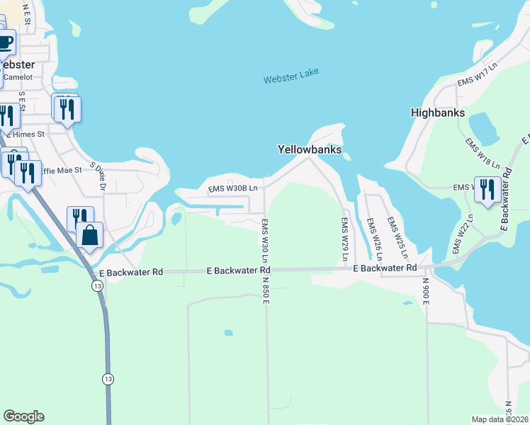 map of restaurants, bars, coffee shops, grocery stores, and more near 94 EMS W30 Lane in North Webster