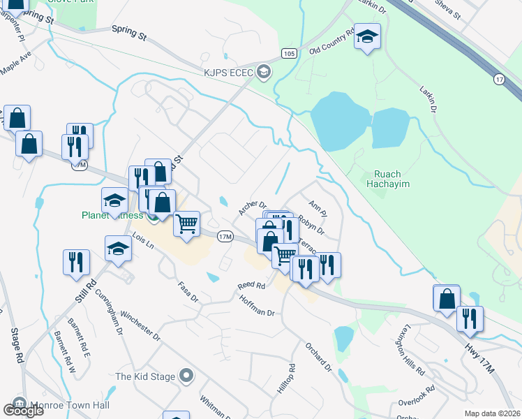 map of restaurants, bars, coffee shops, grocery stores, and more near 5 Archer Drive in Monroe