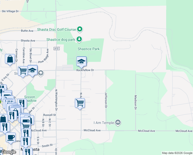 map of restaurants, bars, coffee shops, grocery stores, and more near 541 Jefferson Drive in Mount Shasta