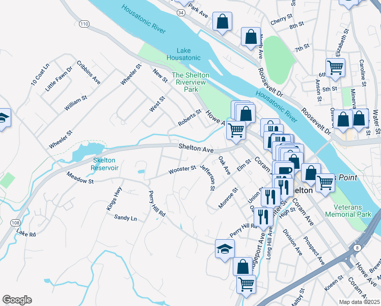 map of restaurants, bars, coffee shops, grocery stores, and more near 5 Wooster Terrace in Shelton