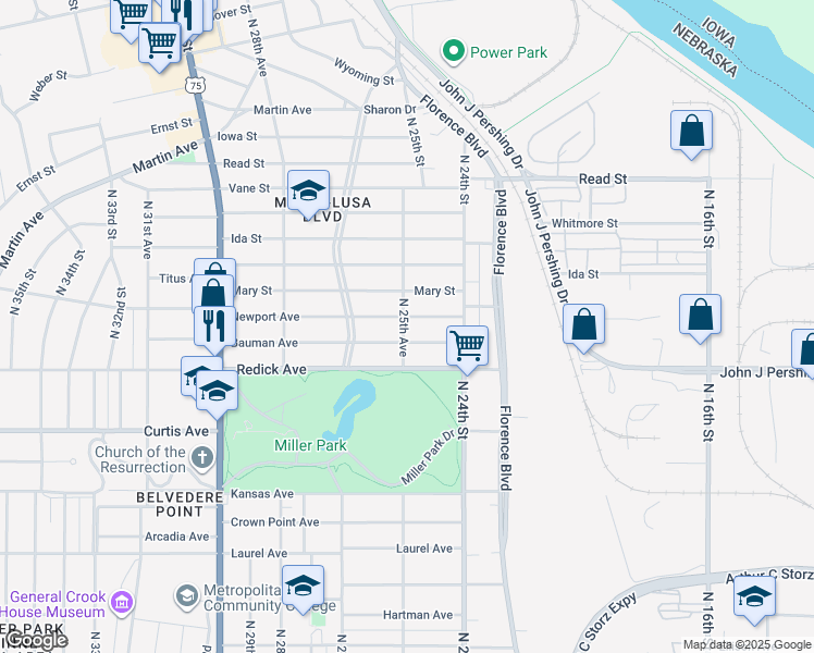 map of restaurants, bars, coffee shops, grocery stores, and more near 2453 Newport Avenue in Omaha