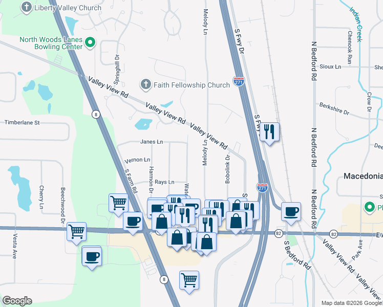map of restaurants, bars, coffee shops, grocery stores, and more near 8399 Waters Drive in Macedonia
