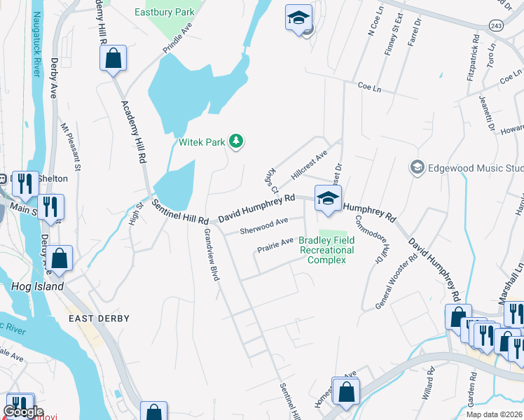 map of restaurants, bars, coffee shops, grocery stores, and more near 55 David Humphrey Road in Derby