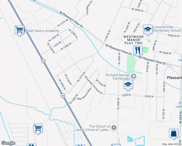 map of restaurants, bars, coffee shops, grocery stores, and more near 3251 North 1050 West in Pleasant View
