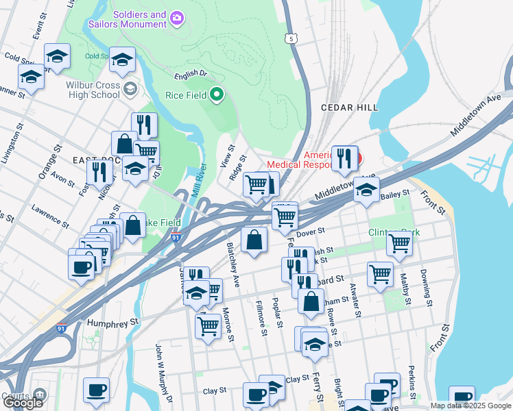 map of restaurants, bars, coffee shops, grocery stores, and more near 11 Warren Place in New Haven