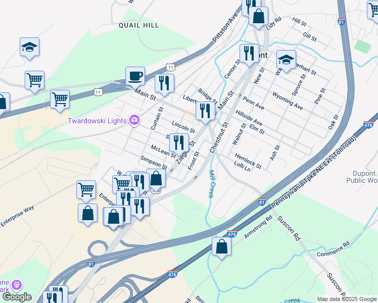 map of restaurants, bars, coffee shops, grocery stores, and more near 300 Front Street in Pittston