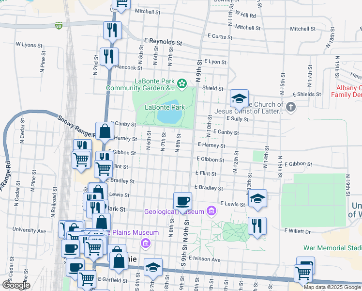 map of restaurants, bars, coffee shops, grocery stores, and more near 768 North 8th Street in Laramie