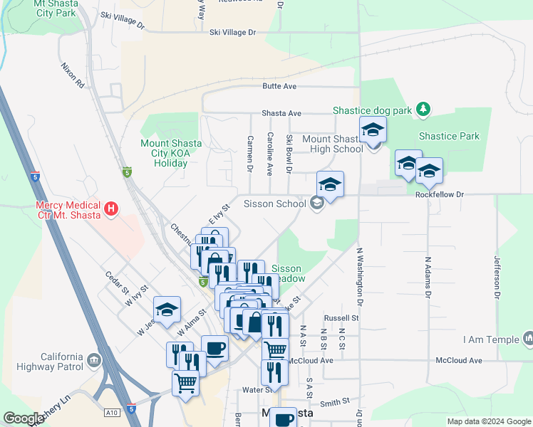 map of restaurants, bars, coffee shops, grocery stores, and more near 522 Spruce Street in Mount Shasta