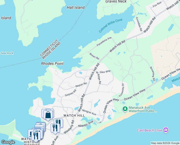 map of restaurants, bars, coffee shops, grocery stores, and more near 215 Watch Hill Road in Westerly