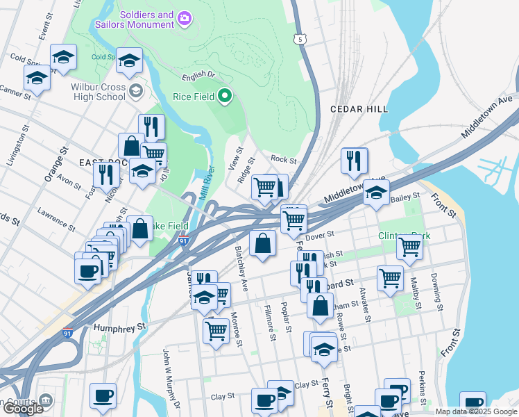map of restaurants, bars, coffee shops, grocery stores, and more near 11 Warren Place in New Haven