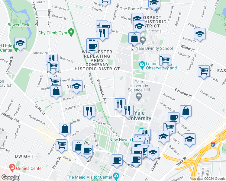 map of restaurants, bars, coffee shops, grocery stores, and more near 137 Mansfield Street in New Haven