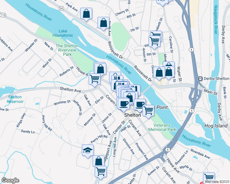 map of restaurants, bars, coffee shops, grocery stores, and more near 539 Howe Avenue in Shelton