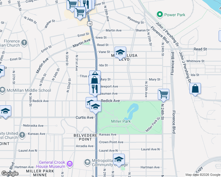 map of restaurants, bars, coffee shops, grocery stores, and more near 2867 Newport Avenue in Omaha