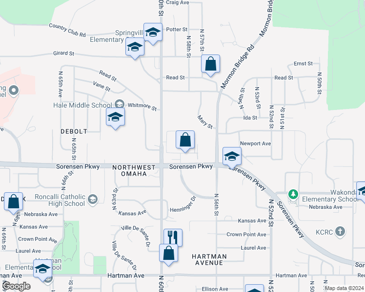 map of restaurants, bars, coffee shops, grocery stores, and more near 5910 Newport Plaza in Omaha