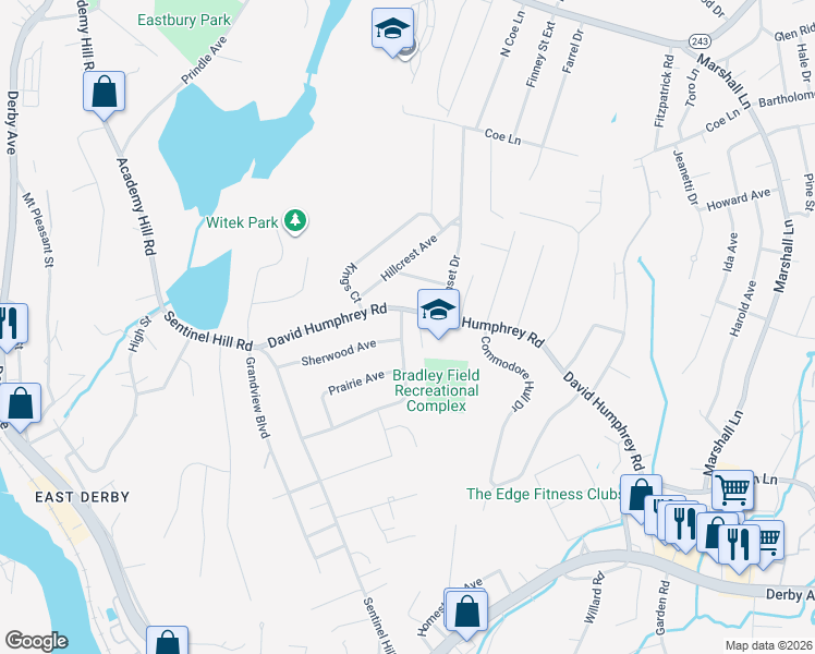 map of restaurants, bars, coffee shops, grocery stores, and more near 159 Pleasant View Road in Derby