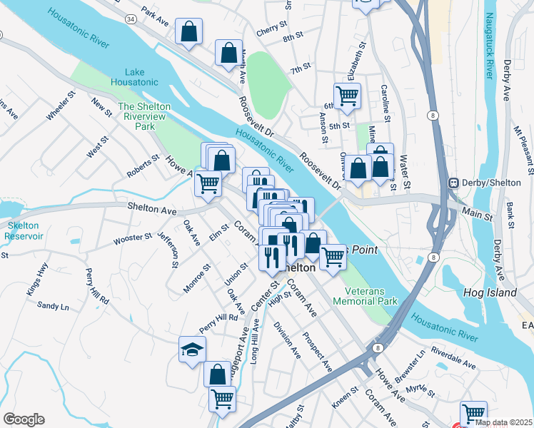 map of restaurants, bars, coffee shops, grocery stores, and more near 539 Howe Avenue in Shelton