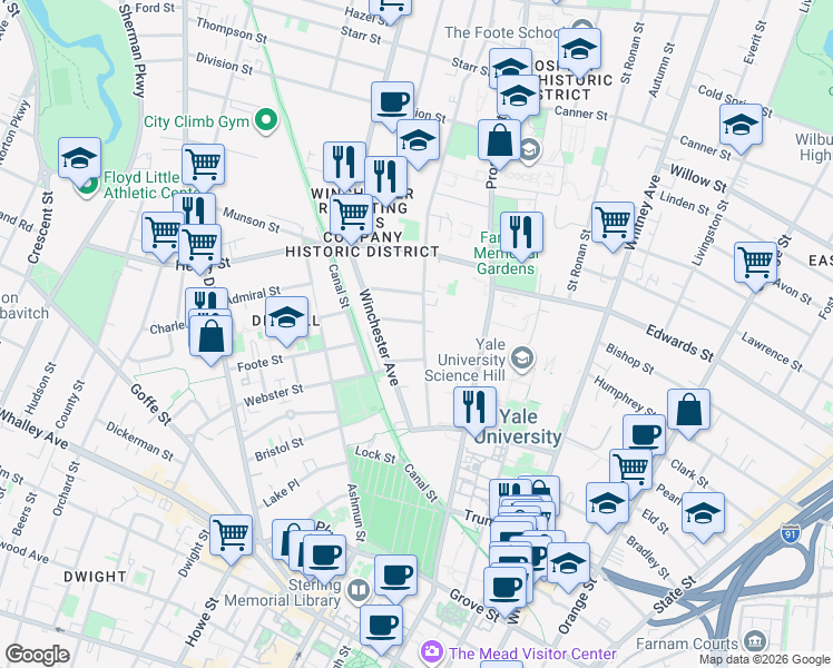 map of restaurants, bars, coffee shops, grocery stores, and more near 137 Mansfield Street in New Haven