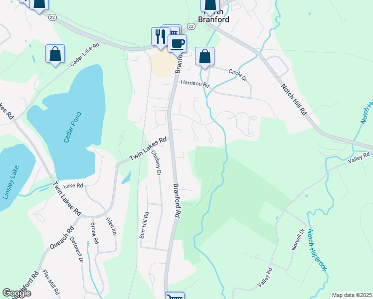 map of restaurants, bars, coffee shops, grocery stores, and more near 203 Branford Road in North Branford