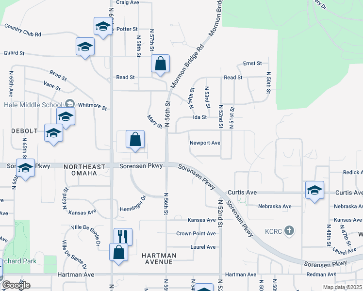 map of restaurants, bars, coffee shops, grocery stores, and more near 6657 North 56th Street in Omaha