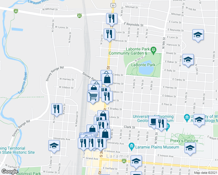 map of restaurants, bars, coffee shops, grocery stores, and more near 759 North 3rd Street in Laramie