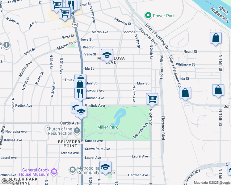 map of restaurants, bars, coffee shops, grocery stores, and more near 6616 Minne Lusa Boulevard in Omaha