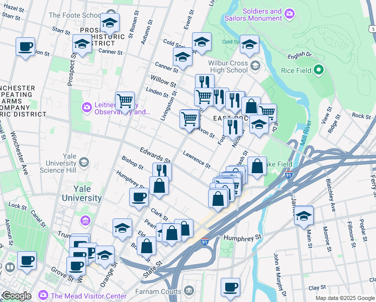 map of restaurants, bars, coffee shops, grocery stores, and more near 139 Lawrence Street in New Haven