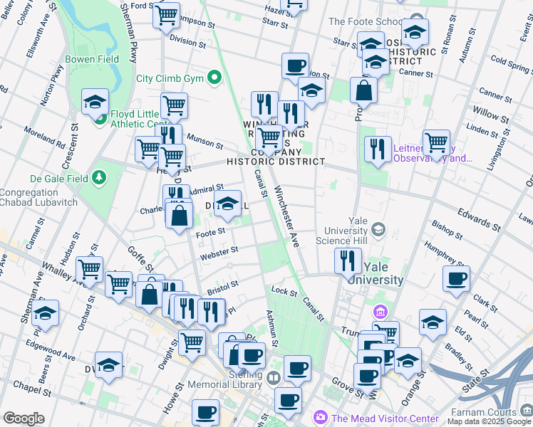 map of restaurants, bars, coffee shops, grocery stores, and more near 142 Canal Street in New Haven