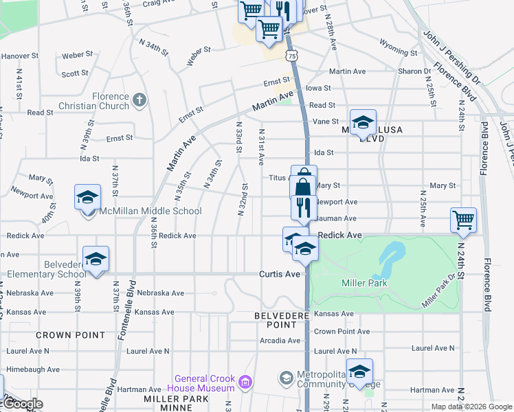 map of restaurants, bars, coffee shops, grocery stores, and more near 6614 North 31st Avenue in Omaha