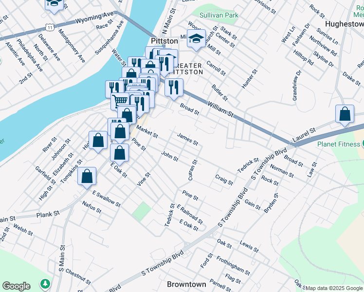 map of restaurants, bars, coffee shops, grocery stores, and more near 13-15 James Street in Pittston