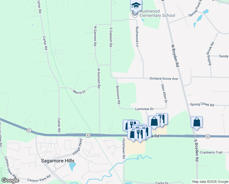 map of restaurants, bars, coffee shops, grocery stores, and more near 7614 Brinmore Road in Northfield