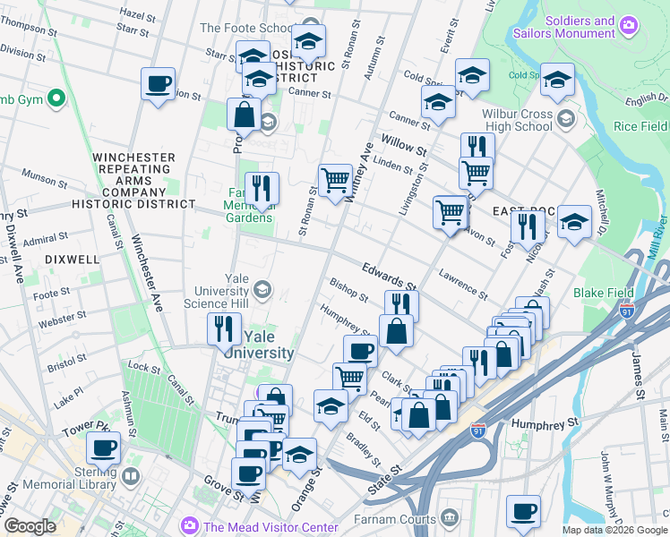map of restaurants, bars, coffee shops, grocery stores, and more near 250 Edwards Street in New Haven