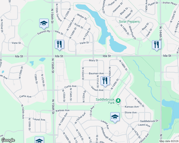 map of restaurants, bars, coffee shops, grocery stores, and more near 15202 Bauman Avenue in Omaha