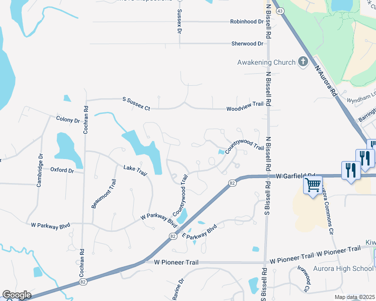 map of restaurants, bars, coffee shops, grocery stores, and more near 159 Deerfield Lane in Aurora