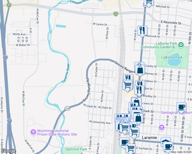 map of restaurants, bars, coffee shops, grocery stores, and more near 699 North Cedar Street in Laramie