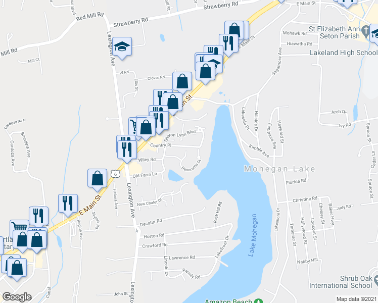 map of restaurants, bars, coffee shops, grocery stores, and more near 642 Panorama Drive in Mohegan Lake