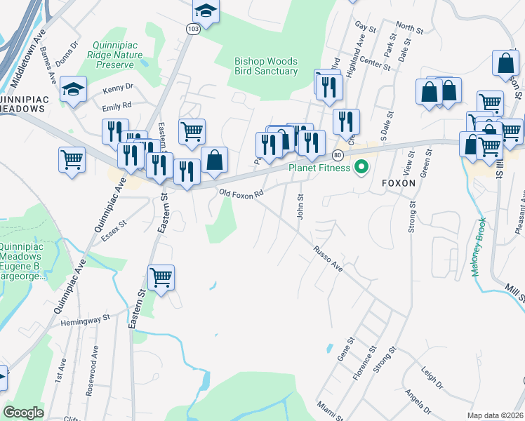 map of restaurants, bars, coffee shops, grocery stores, and more near 56 Ann Street in East Haven