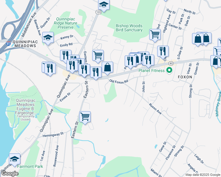 map of restaurants, bars, coffee shops, grocery stores, and more near 191 Old Foxon Road in East Haven