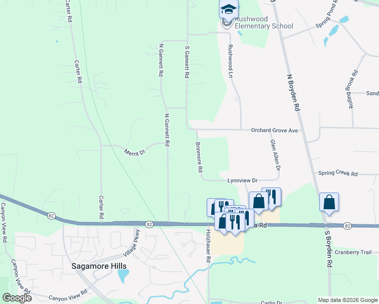 map of restaurants, bars, coffee shops, grocery stores, and more near 7614-7624 Brinmore Road in Northfield