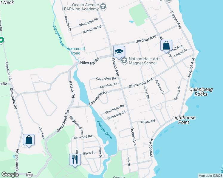 map of restaurants, bars, coffee shops, grocery stores, and more near 285 Glenwood Avenue in New London